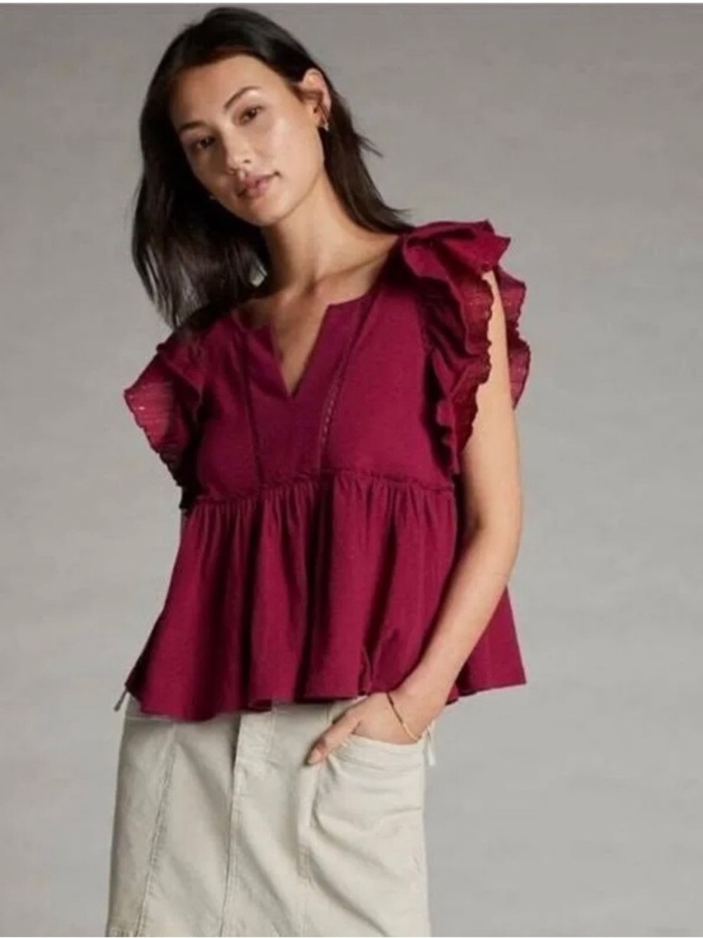 By Anthroplogie Caroline Ruffled Babydoll Top in Maroon Red.